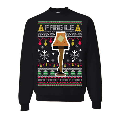 Black sweater with Christmas-themed design featuring a lamp and 'Fragile' text on a white background