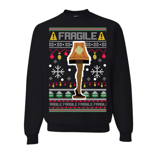 Black sweater with Christmas-themed design featuring a lamp and 'Fragile' text on a white background