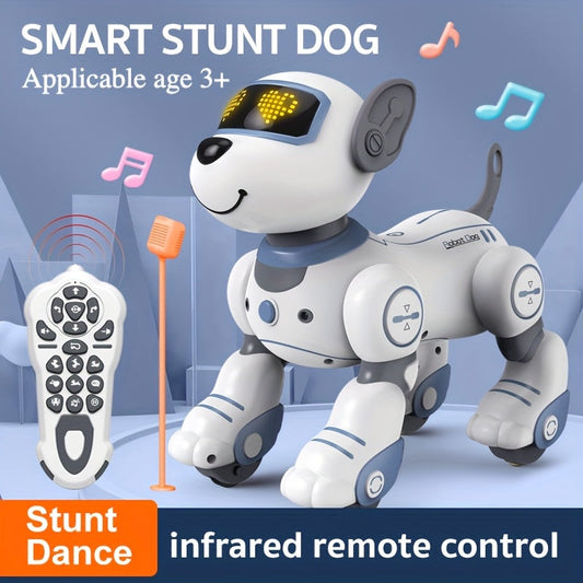 Robotic dog toy with remote control on a blue background