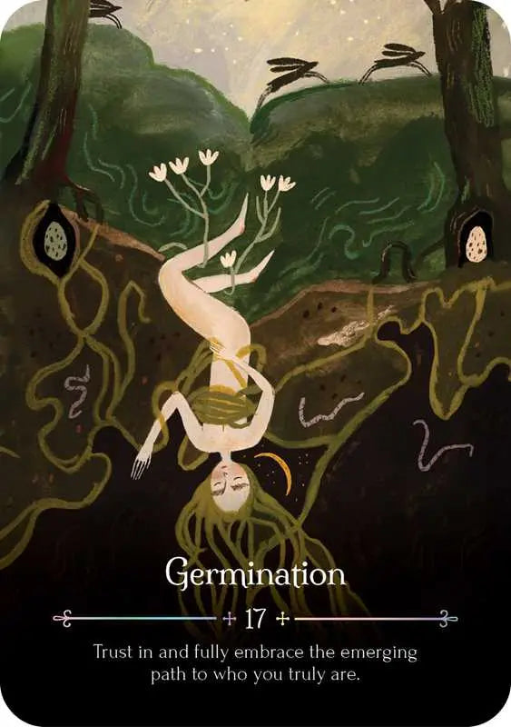 Illustration of a person with roots emerging from their feet, set against a forest background with the word 'Germination' at the bottom.