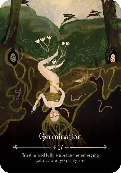 Illustration of a person with roots emerging from their feet, set against a forest background with the word 'Germination' at the bottom.