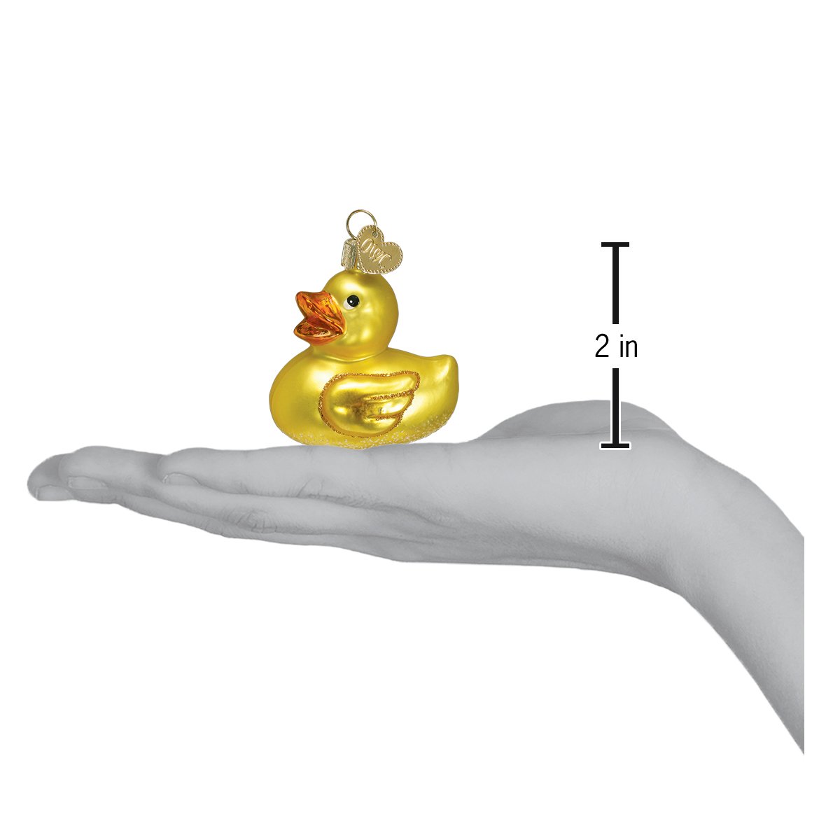 Gold rubber duck ornament held in a hand with a measurement label indicating its size.