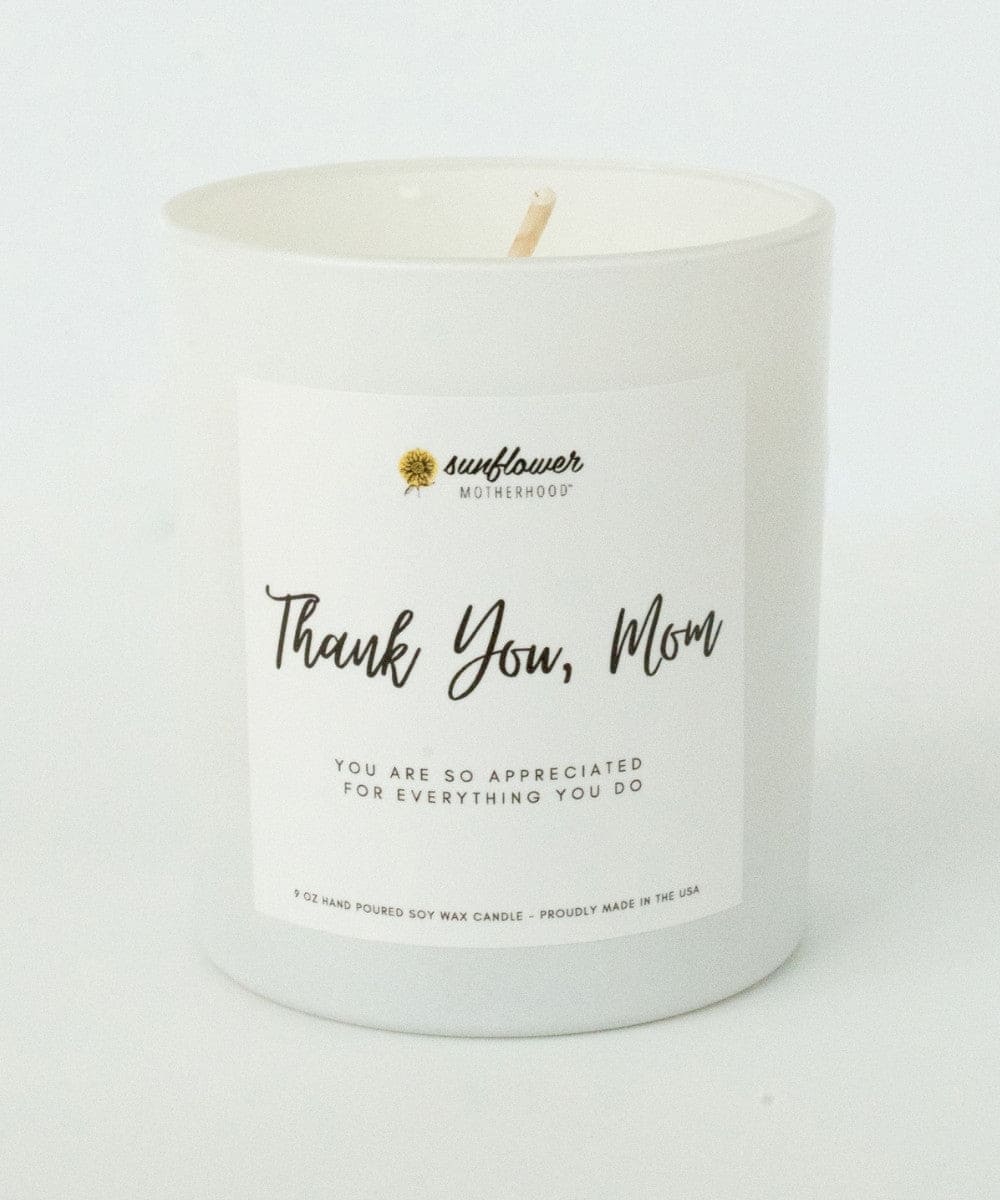 White candle with 'Thank You, Mom' message on a white background