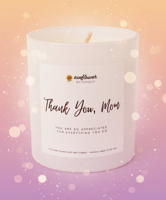 White candle with 'Thank You, Mom' message on a white background