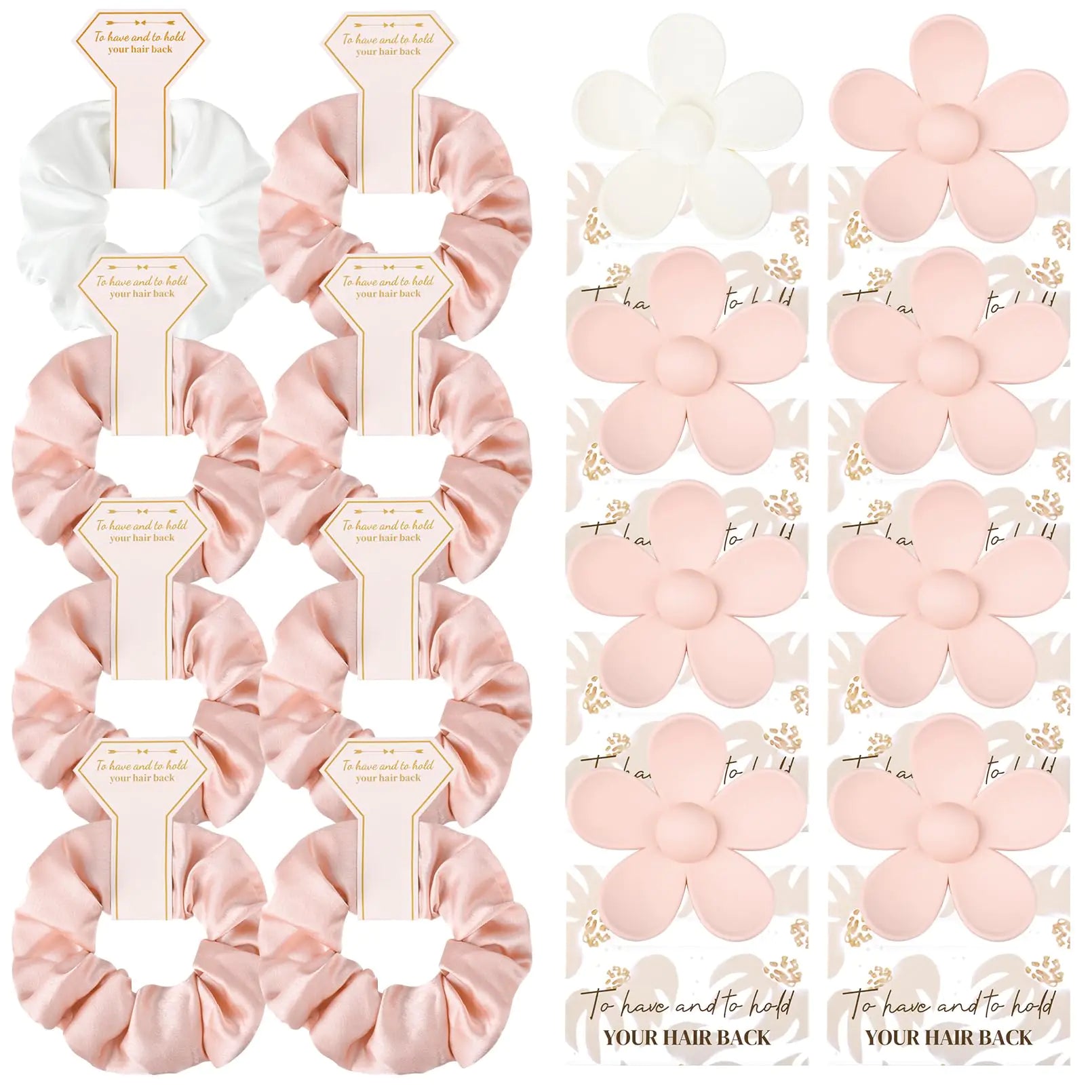 Set of pink hair scrunchies with decorative packaging on a white background