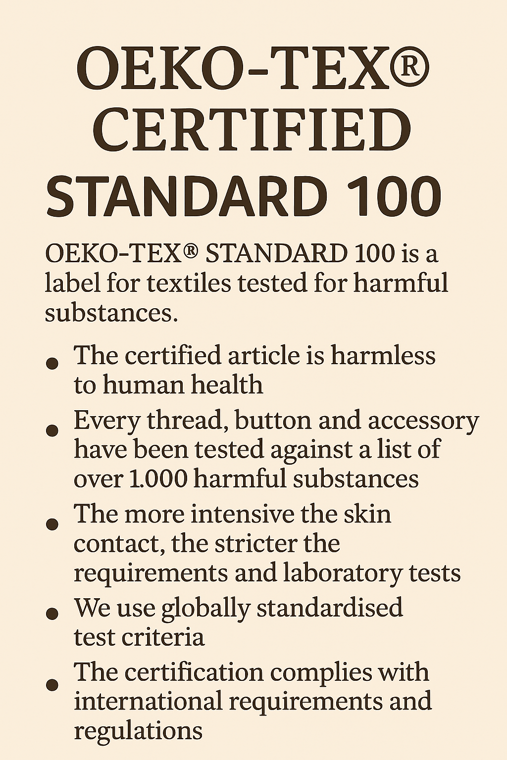 Text describing OEKO-TEX Standard 100 certification for textiles on a beige background