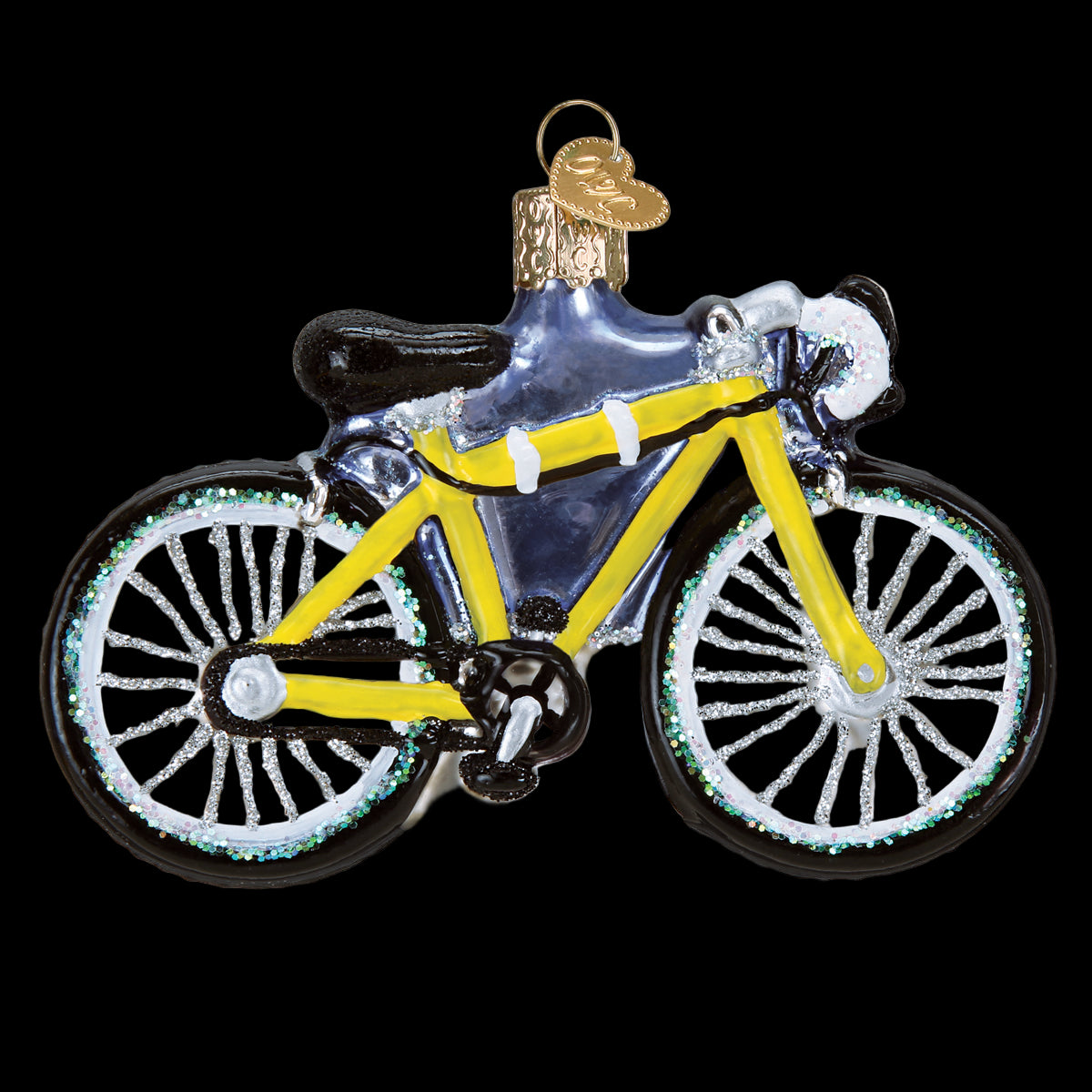 Glass ornament of a bicycle with yellow frame and black tires on a white background