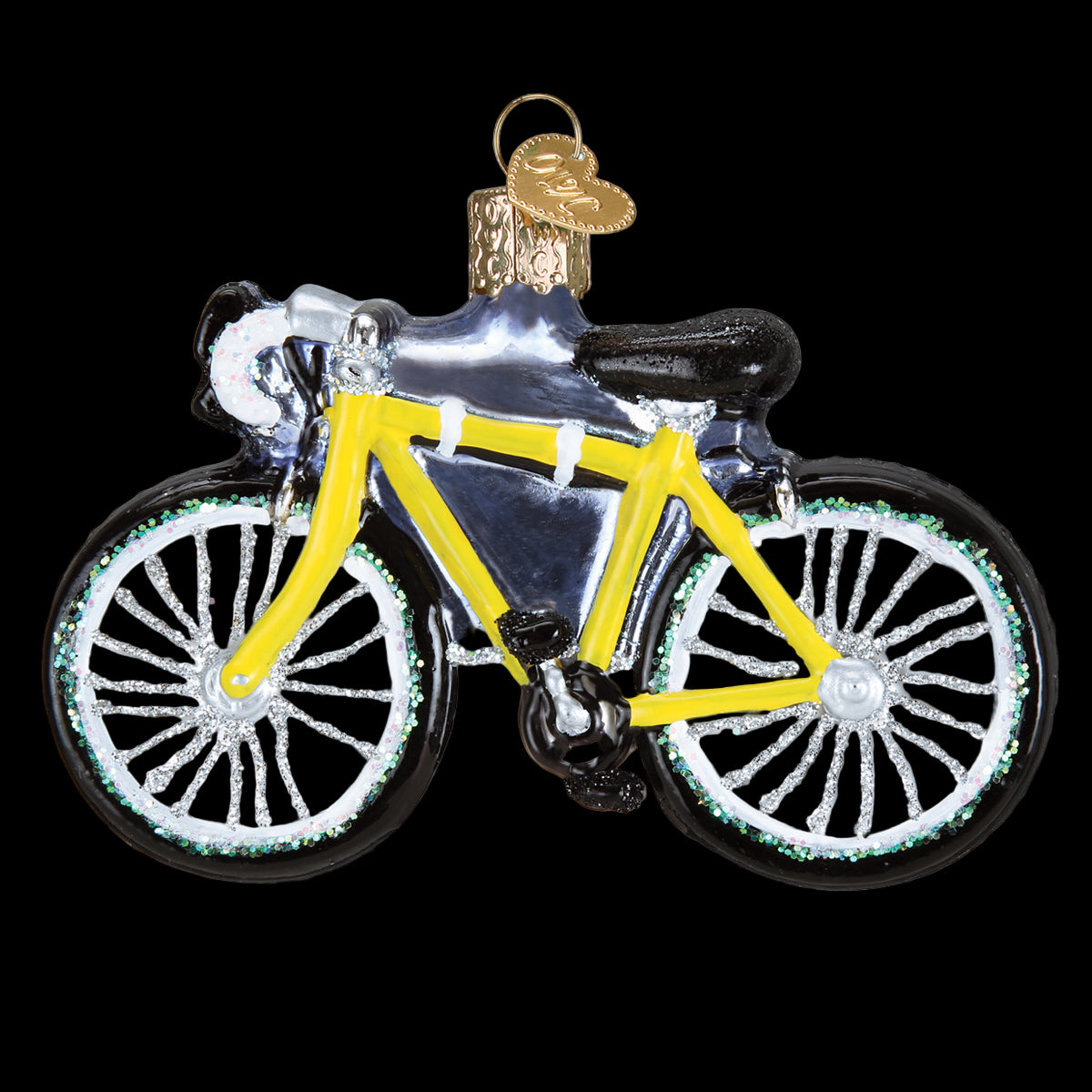 Glass ornament of a bicycle with yellow frame and black tires on a white background