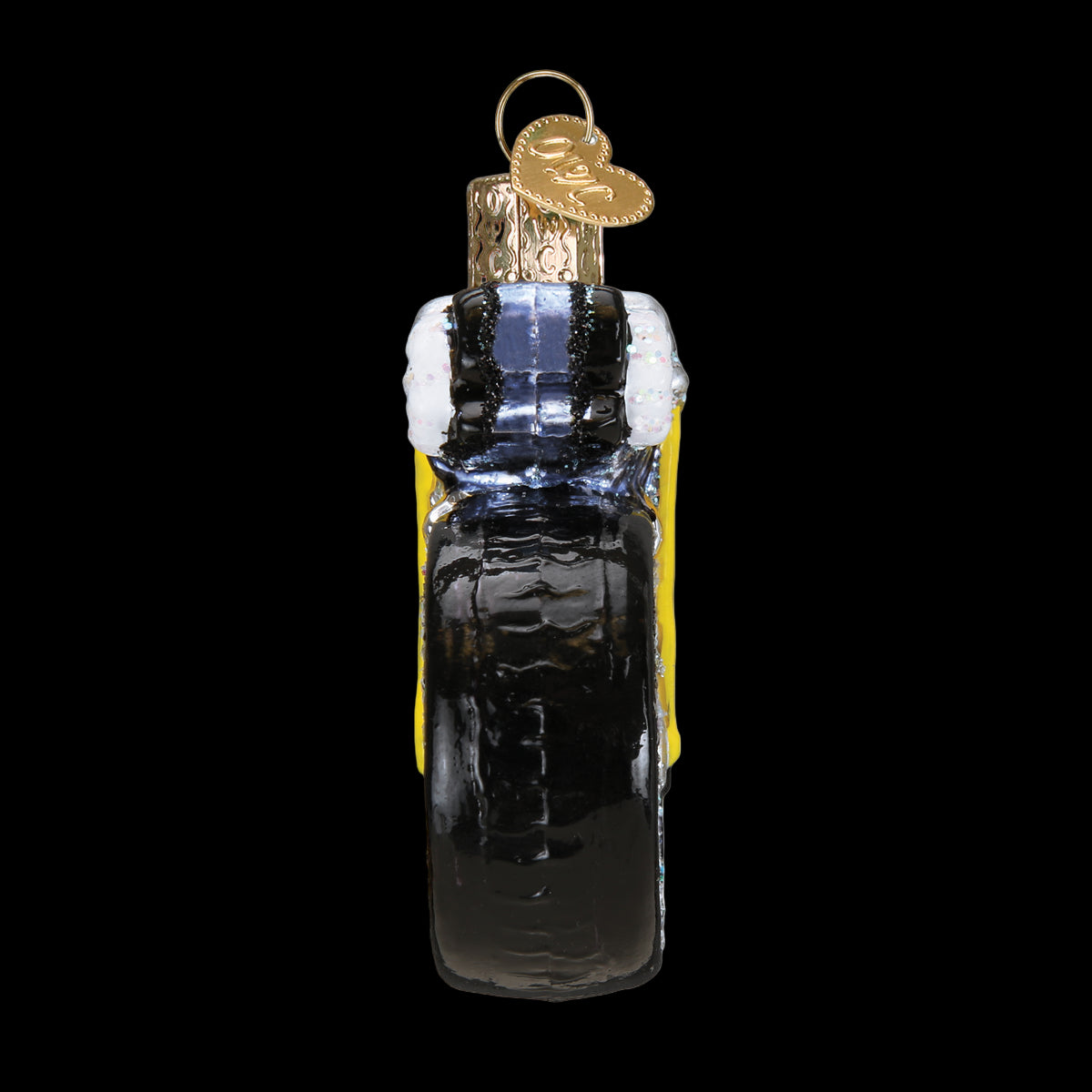 Decorative glass bottle ornament with gold cap on a white background