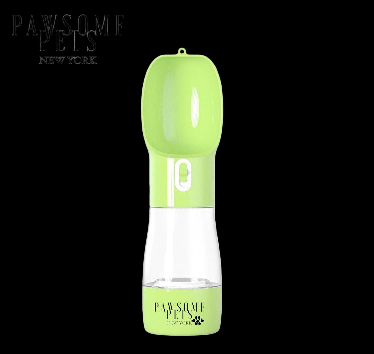 Green pet water bottle with 'Pawsome Pets New York' branding on a white background
