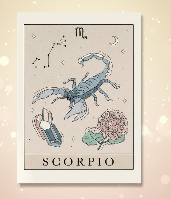 Scorpio zodiac sign illustration with astrological symbols on a beige background