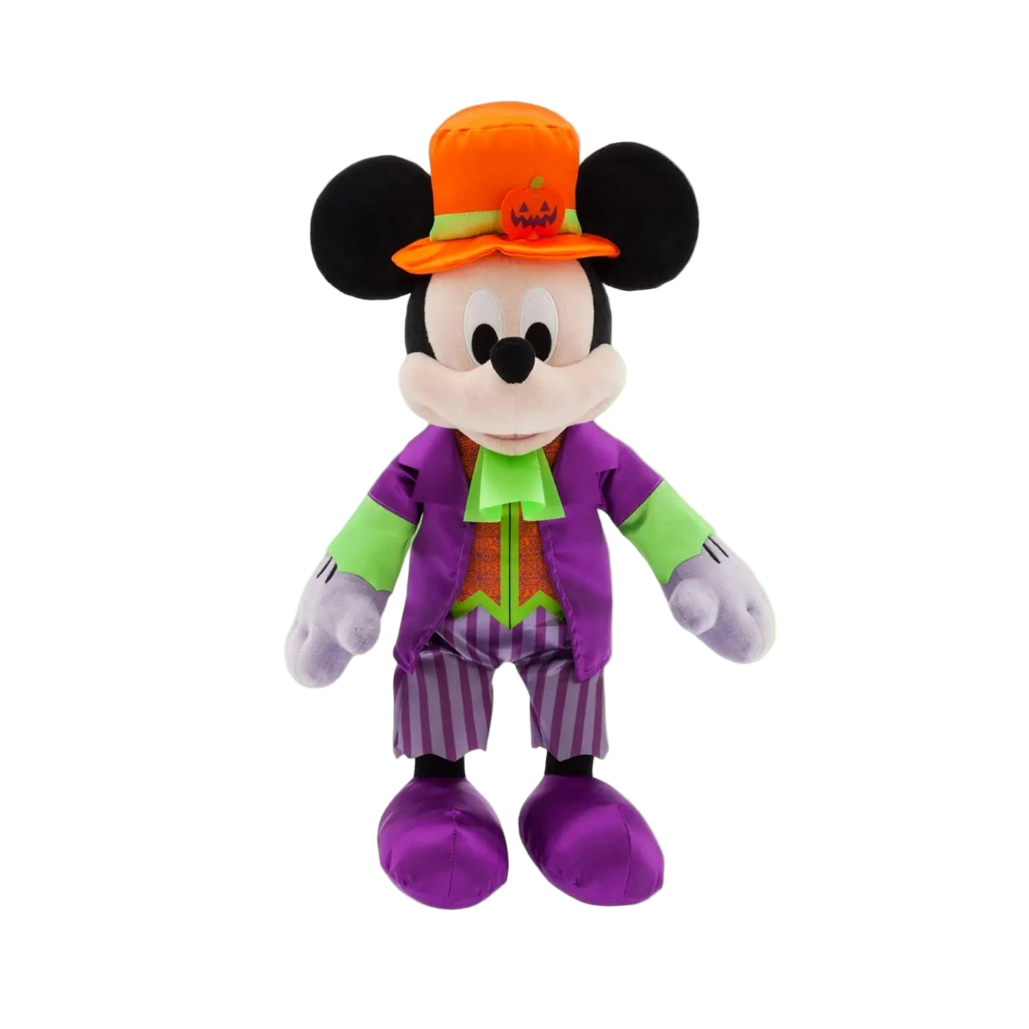 Plush toy of a character in Halloween costume with purple outfit, orange hat, and green shirt on a white background