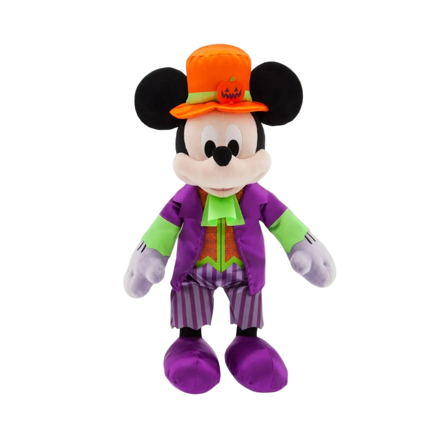 Plush toy of a character in Halloween costume with purple outfit, orange hat, and green shirt on a white background