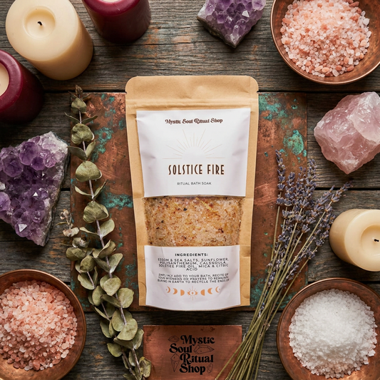 Package of 'Solstice Fire' ritual bath soap surrounded by crystals, candles, and herbs on a wooden surface.