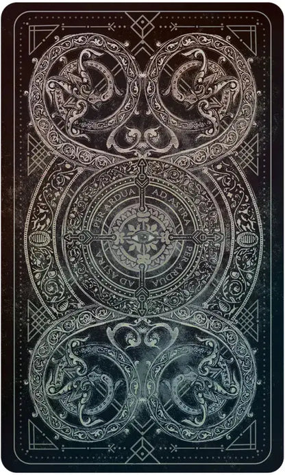 Decorative card with intricate patterns and symbols on a black background