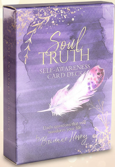 Purple packaging of 'Soul Truth Self-Awareness Card Deck' with a feather illustration on a white background