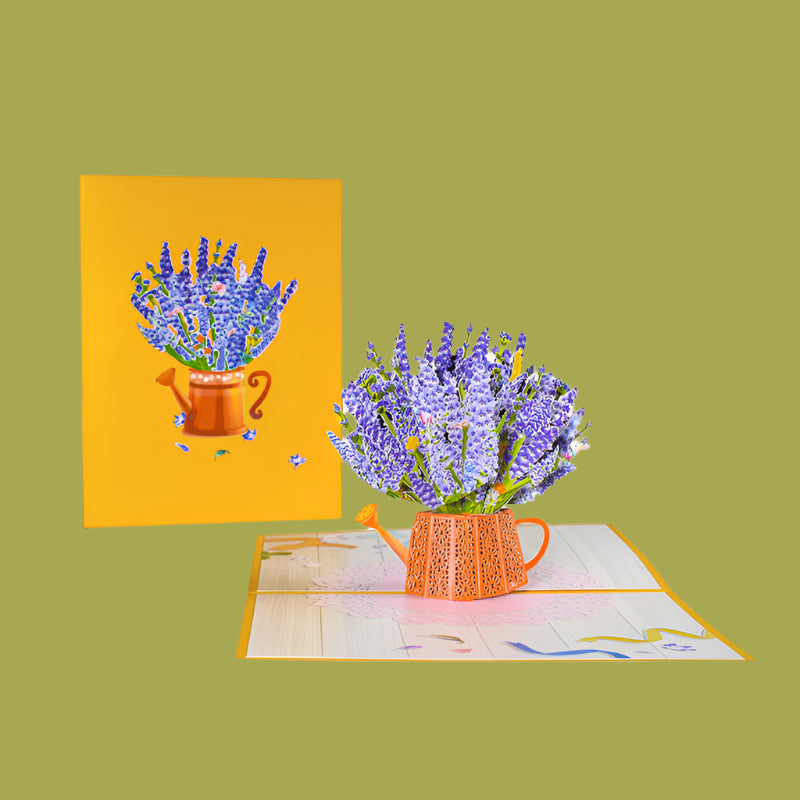 Pop-up card with lavender flowers in a teapot on a white background