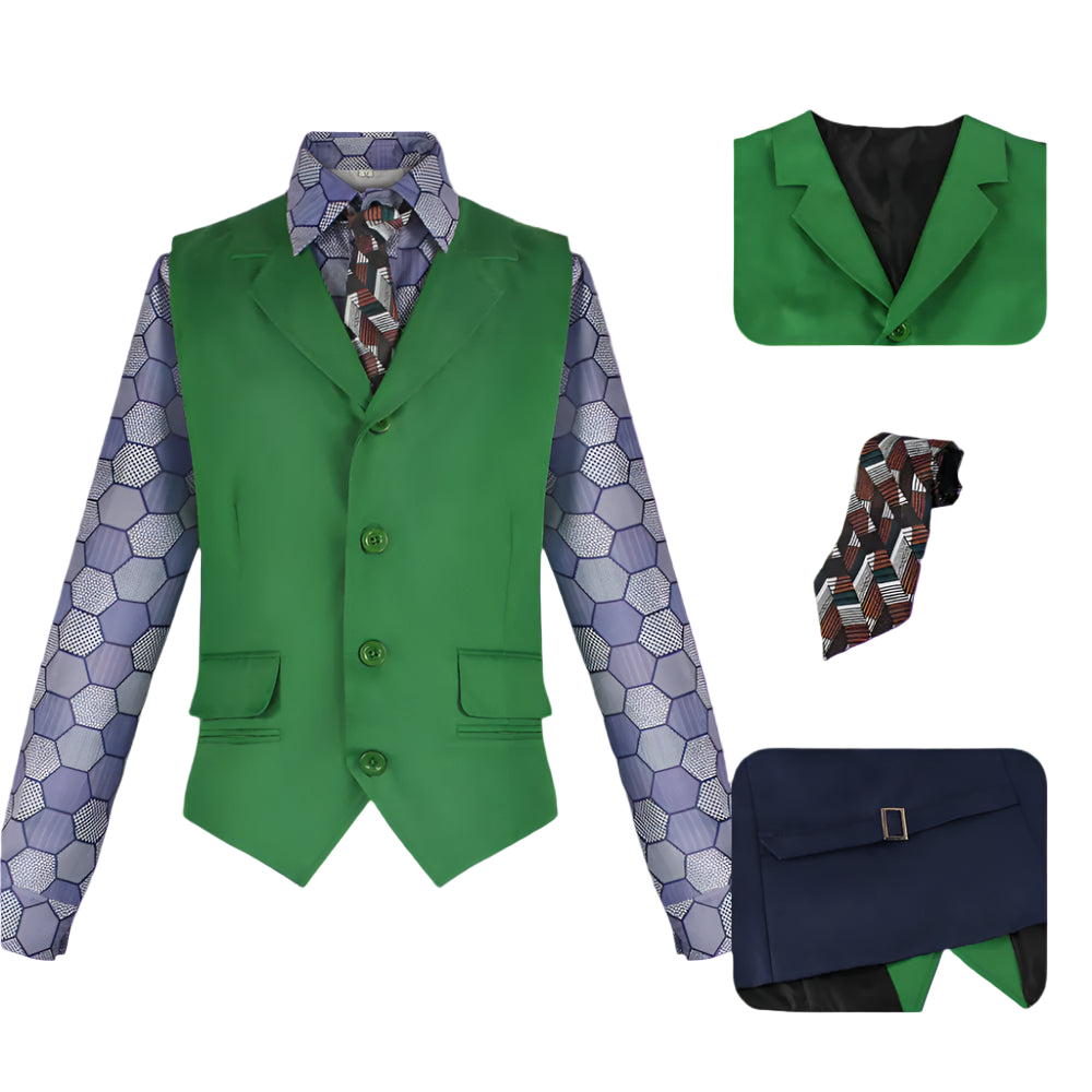 Green vest with patterned shirt, tie, and bag on a white background