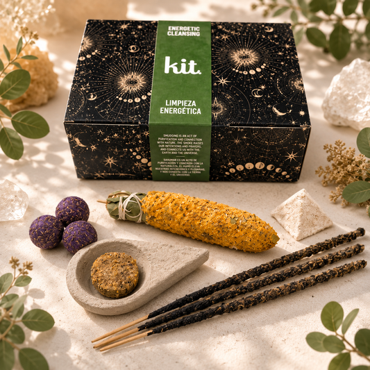 An energy cleansing kit box with a green label reading 'kit' and 'ENERGETIC CLEANSING' is arranged on a light stone surface with crystals, dried flowers, a corn cob wrapped in string, a small dish with a round herb piece, and several dark incense sticks.