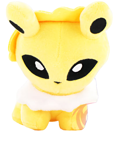Yellow plush toy with black eyes on a white background