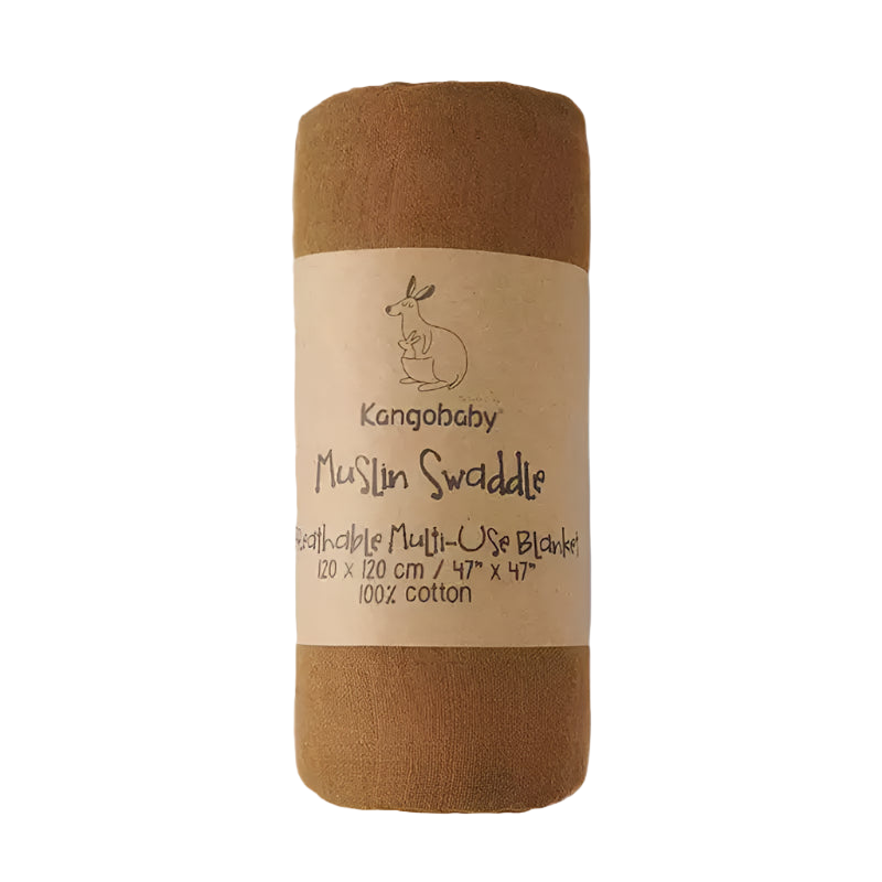 Brown muslin swaddle blanket with Kangobaby label on a white background