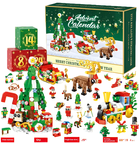 Christmas-themed building block set with Advent calendar and mini figures on a white background