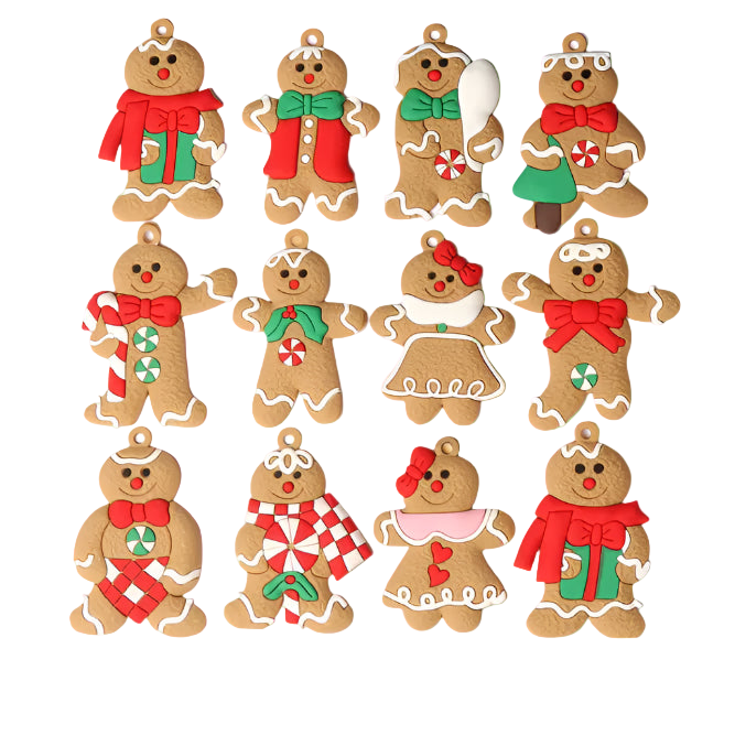 Set of gingerbread people ornaments with various outfits on a white background