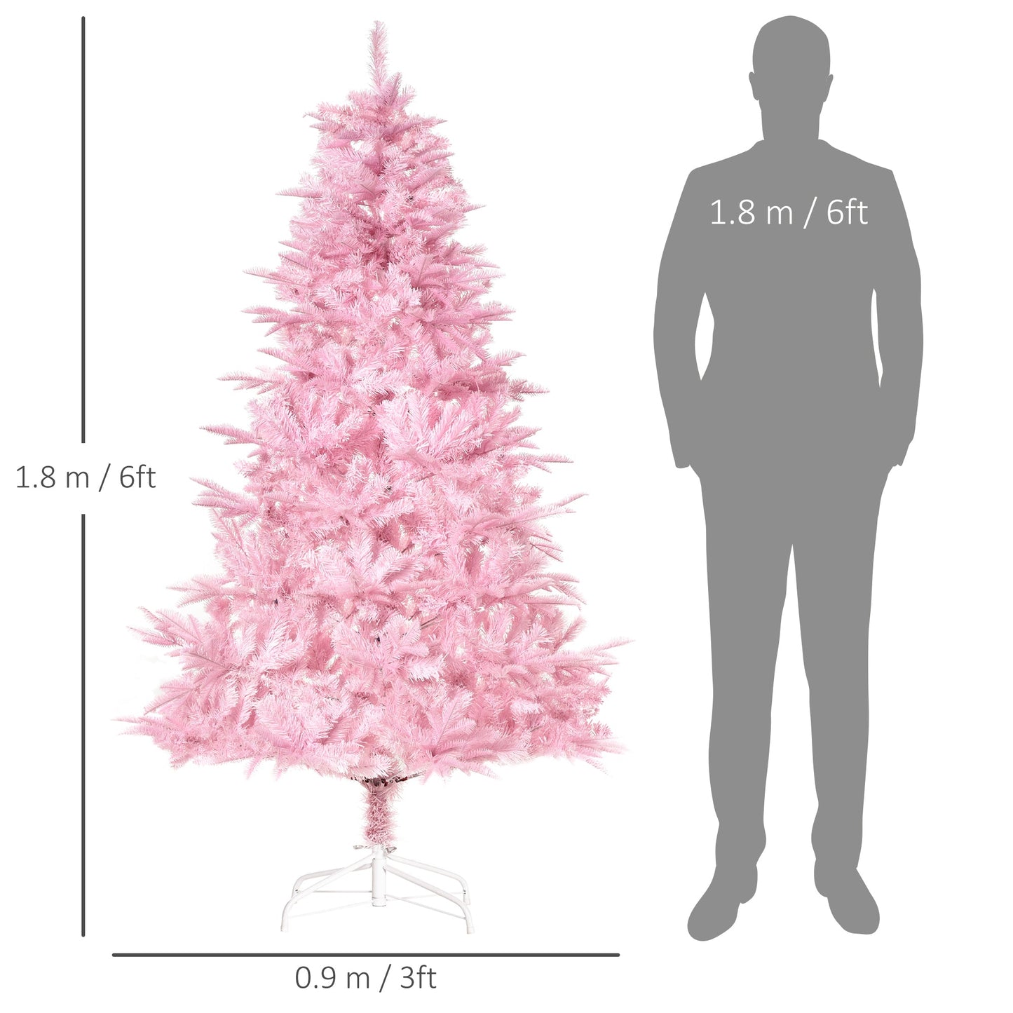 Pink Christmas tree with dimensions and a person silhouette for scale on a white background