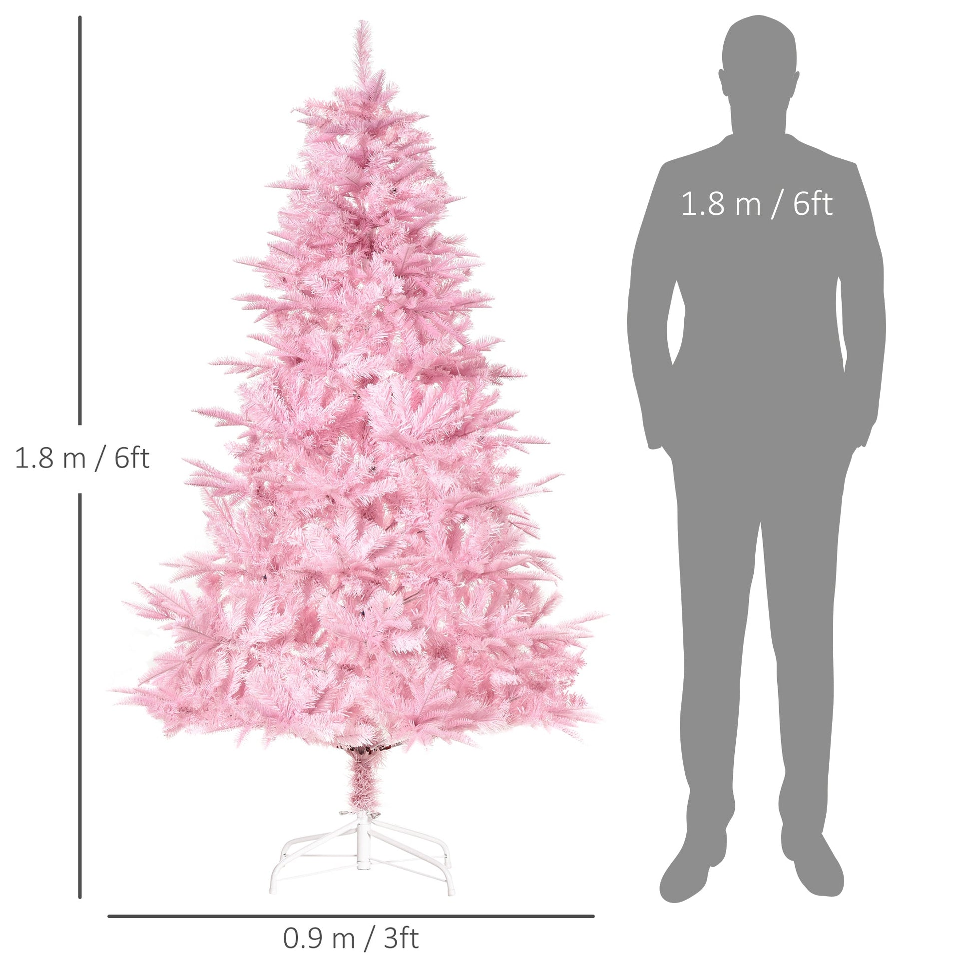 Pink Christmas tree with dimensions and a person silhouette for scale on a white background