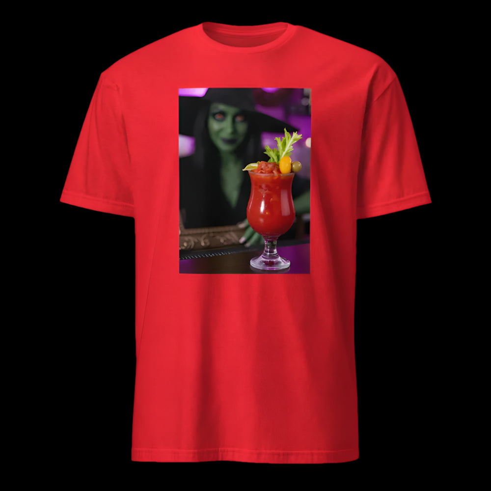 Red t-shirt with a graphic of a Bloody Mary and a person in a green costume on a white background