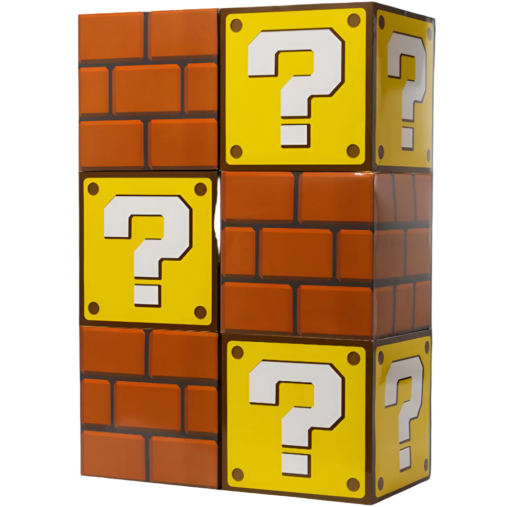 Stack of question block and brick blocks with question marks on a white background