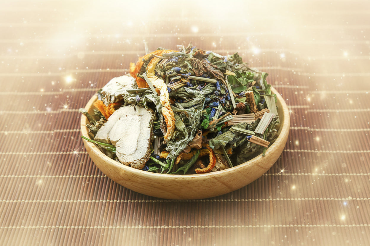 Wooden bowl filled with dried herbs on a woven mat
