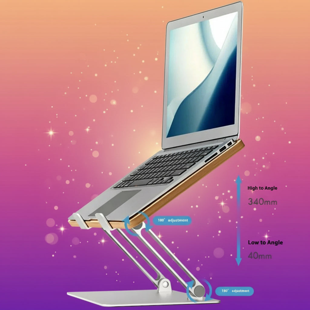 Laptop on a adjustable stand with measurements on a white background