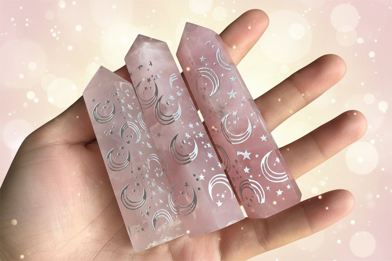 Three pink crystal points with moon and star patterns held in a hand.