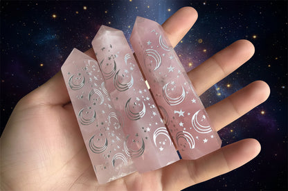 Crystal Pillar with Moon Star Engravings - Rose Quartz, Clear Quartz, Black Obsidian - Lucky Girl Gifts