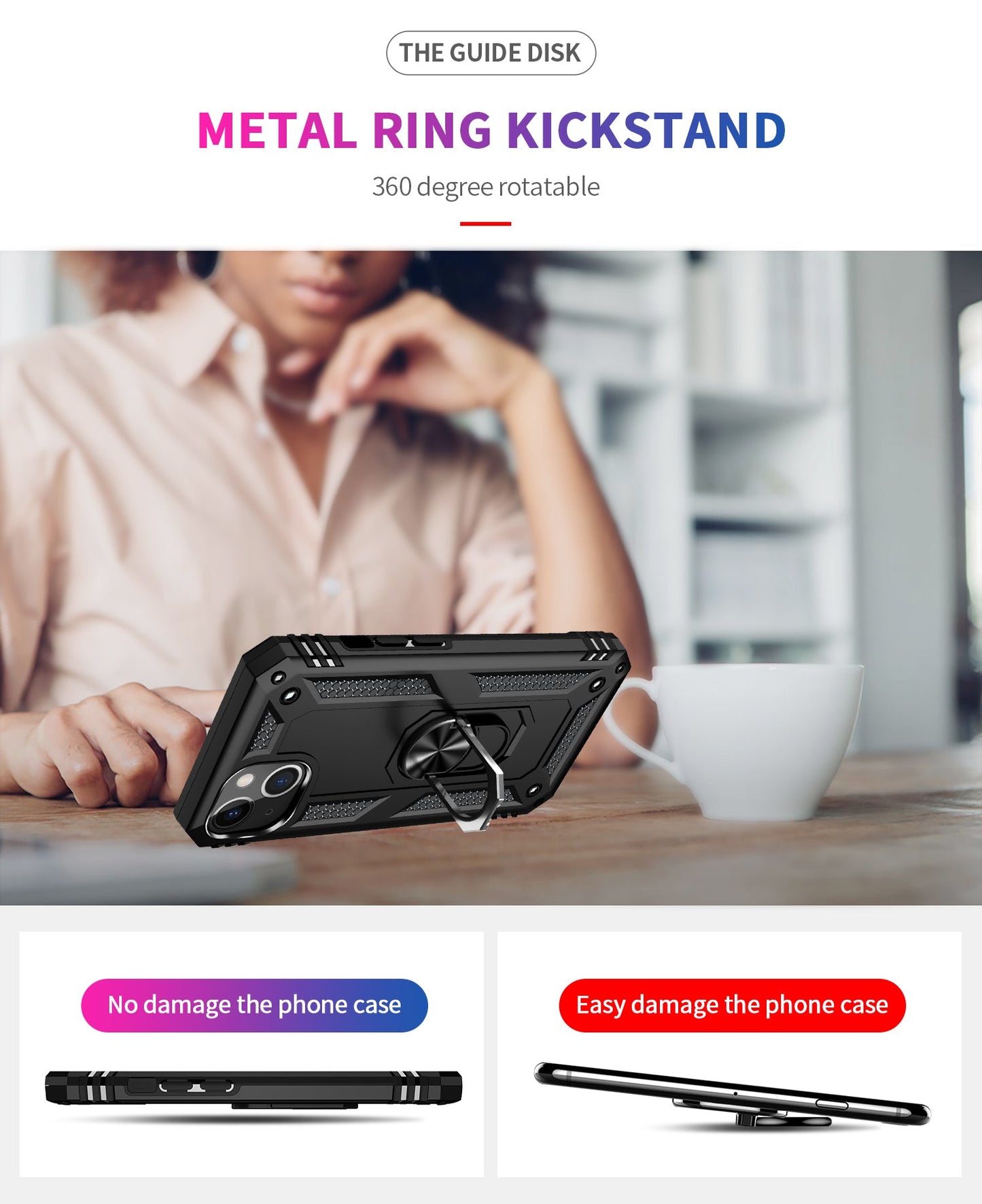 Phone case with metal ring kickstand on a blurred background of two people at a table.