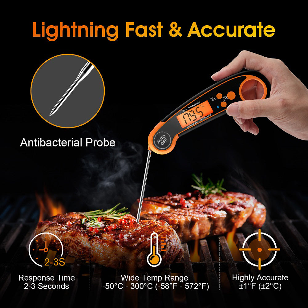 Digital thermometer being used on a grill with features highlighted.
