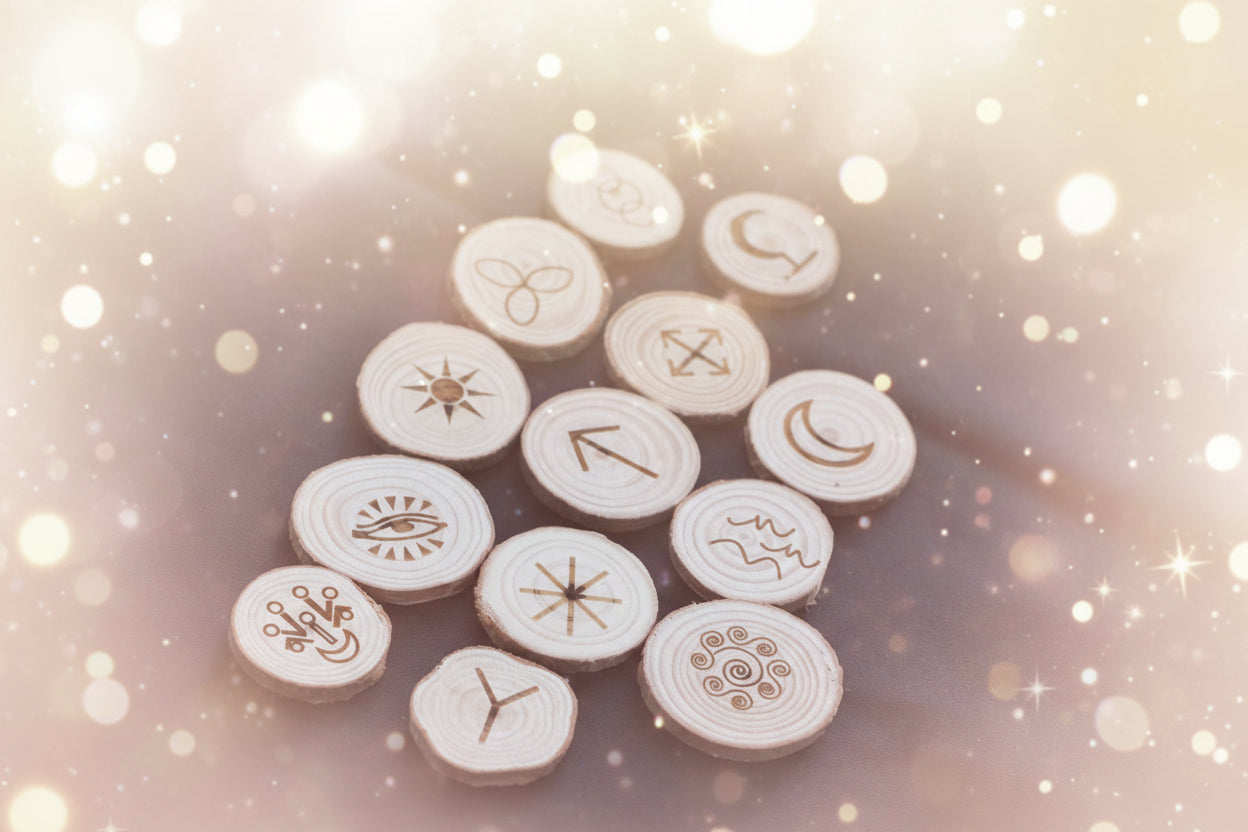 Wooden discs with engraved symbols on a dark fabric background