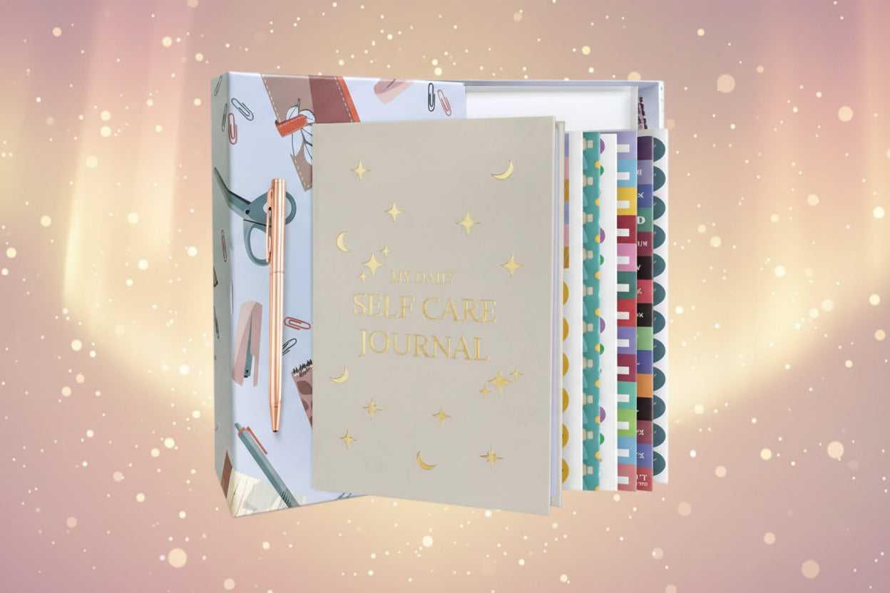 Self-care journal with pen and colorful pages on a white background