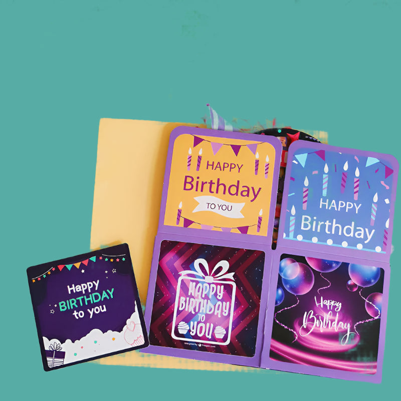 Set of colorful birthday cards with 'Happy Birthday' text on a light background.