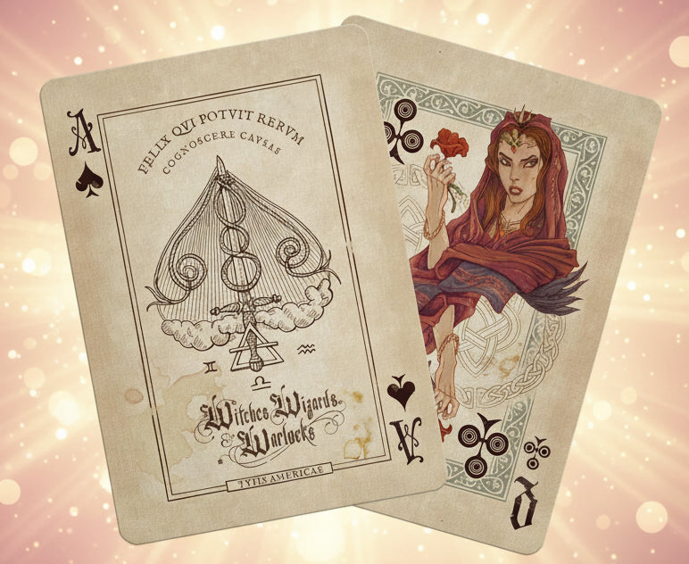 Two playing cards with intricate designs on a white background