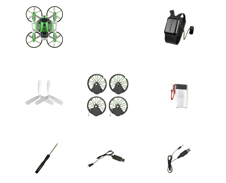 Collection of various items including a drone, remote control, and accessories on a white background
