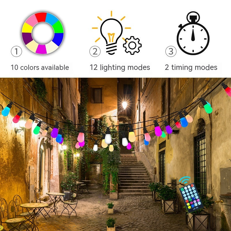 Decorative string lights with color wheel, light bulb, and timer icons above an outdoor setting.