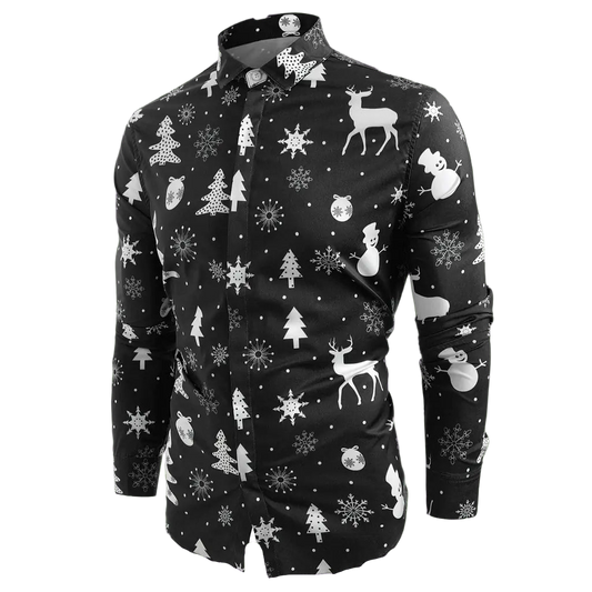Black shirt with white Christmas-themed pattern on a white background