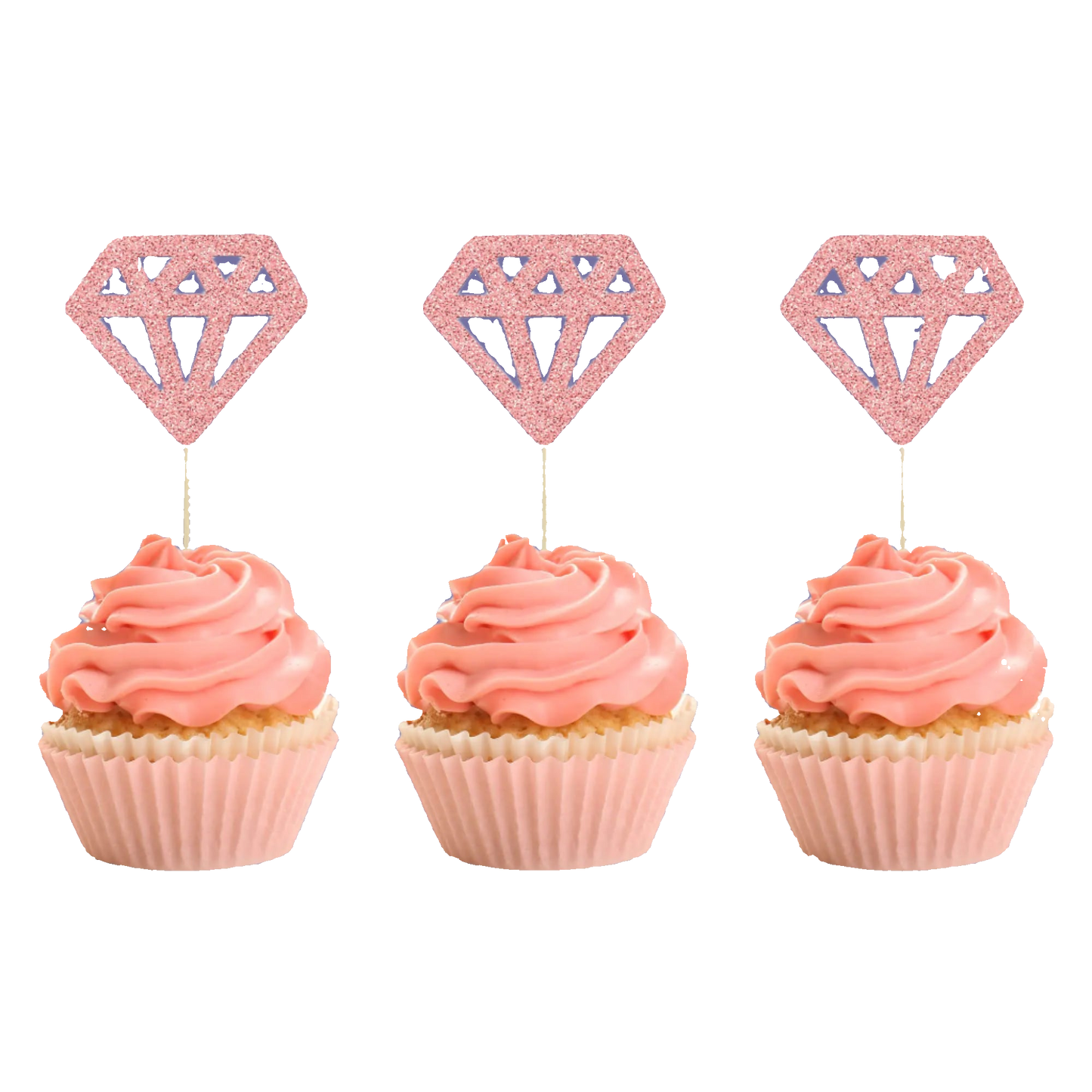Three cupcakes with pink frosting and diamond-shaped cupcake toppers on a white background