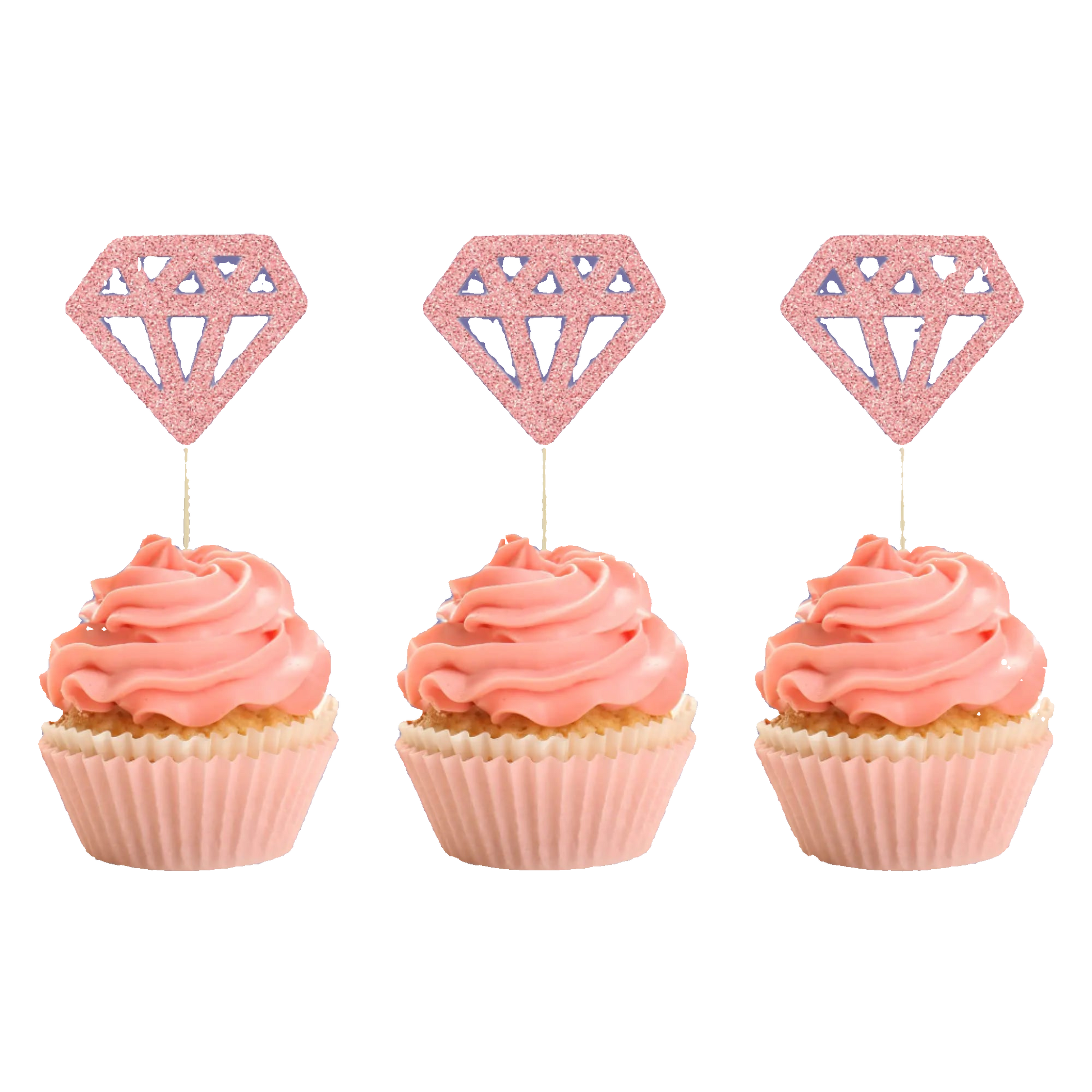 Three cupcakes with pink frosting and diamond-shaped cupcake toppers on a white background