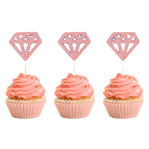 Three cupcakes with pink frosting and diamond-shaped cupcake toppers on a white background