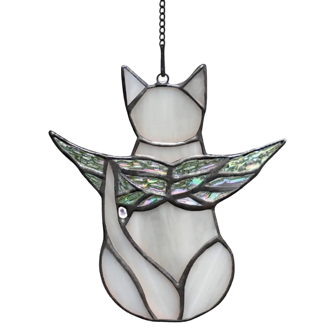 Stained glass angel with iridescent wings on a white background