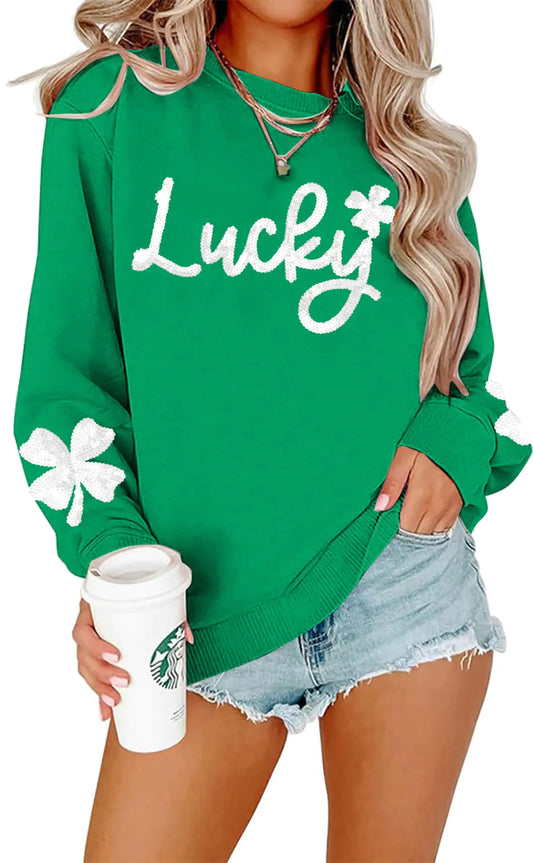 Women St Patrick's Day Sweatshirt Sequin Lucky Shamrock Pullover Irish Sweatshirt Crewneck Long Sleeve Top Green