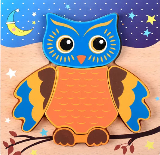 Colorful owl toy on a wooden base with a night sky background